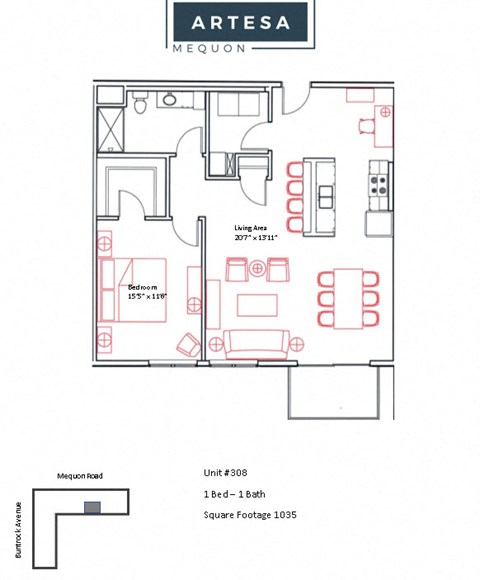 Floor plan for 1 bed, 1 bath, 1035 sqft
